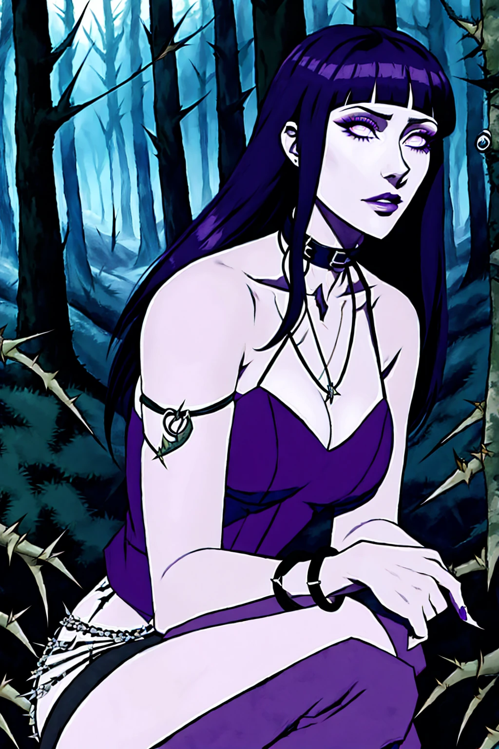 hyuuga hinata, cabelo roxo, pale skin, punk rock clothes, collar of thorns around the neck, thorn bracelets on wrists, in the middle of a forest