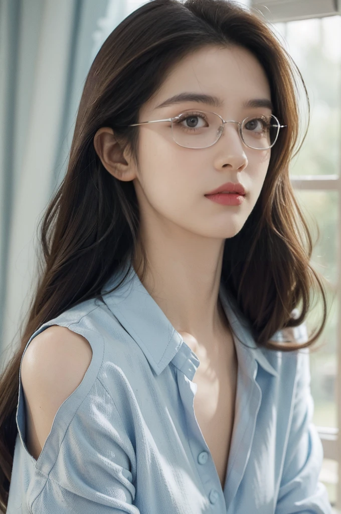 (((best quality))),(((ultra detailed))),(((masterpiece))),illustration,((1 beautiful girl,solo)),(glasses:1.3),slim,thin,small breasts,flat chest,shoulder length straight hair,on bed,dilapidated,hotel room,summer's afternoon,anticipation,shyness,date,big almond-shaped eyes,excited,nervous,fair skin,flawless,rosy cheeks,(light blue collared shirt:1.3),slender figure,delicate collarbones,white flowers,delicate silver chain,rusty bed frame,peeling wallpaper,white lace curtain,warm sunlight,soft warm glow,old-fashioned radio,cheerful tune,nervousness,heart pounding,excitement,door,plain attire,electric atmosphere,love,butterflies,((from front,close-up of face))