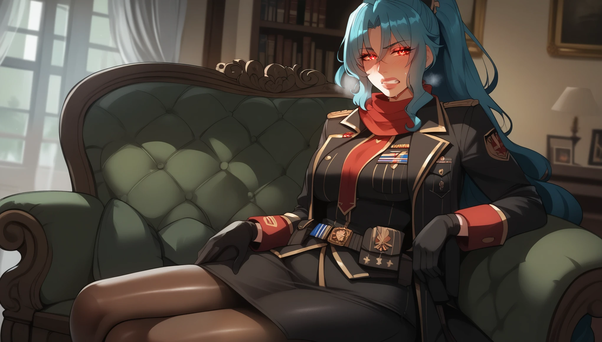 score_9, score_8_up, score_7_up, score_6_up, uncensored, Tomoe, blue hair, ponytail, red scarf, red eyes, naughty face, shiny skin, sweating, BREAK (masterpiece:1.2), best quality, high resolution, unity 8k wallpaper, (illustration:0.8), (detailed eyes:1.3), perfect lighting, extremely detailed CG, (perfect hands, perfect anatomy), hearts, pleasured, clenched teeth, thick lips, gloves, breasts, 1girl, large_breasts, sitting, military, black_gloves, couch, pantyhose, jacket, looking_at_viewer, military_uniform, bangs, indoors, chair, uniform, crossed_legs, long_sleeves, solo