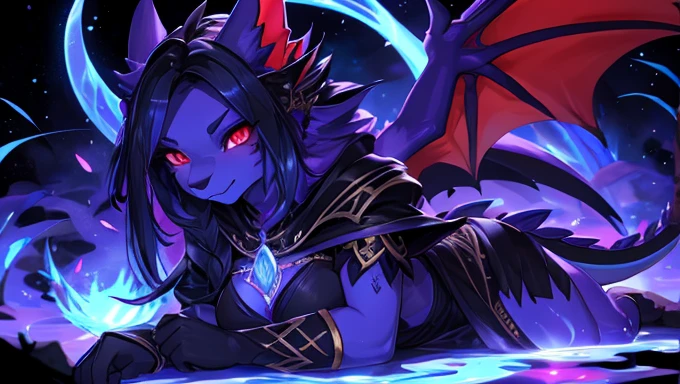24 year old dirty girl, black skin with blue, Arabic, furry, arte furry, the debt, witch clothing, malignant aura, dragon wings, body with red and purple scales and feathers, dragon wings, energy ball, casting sorceress spell, red evil eyes, evil spell, black aura His eyes are large and expressive, Irises resplendent in blue and purple., nights of passion and lust, wet vagina, vagina with blue fluids, doggystyle add_detail:1