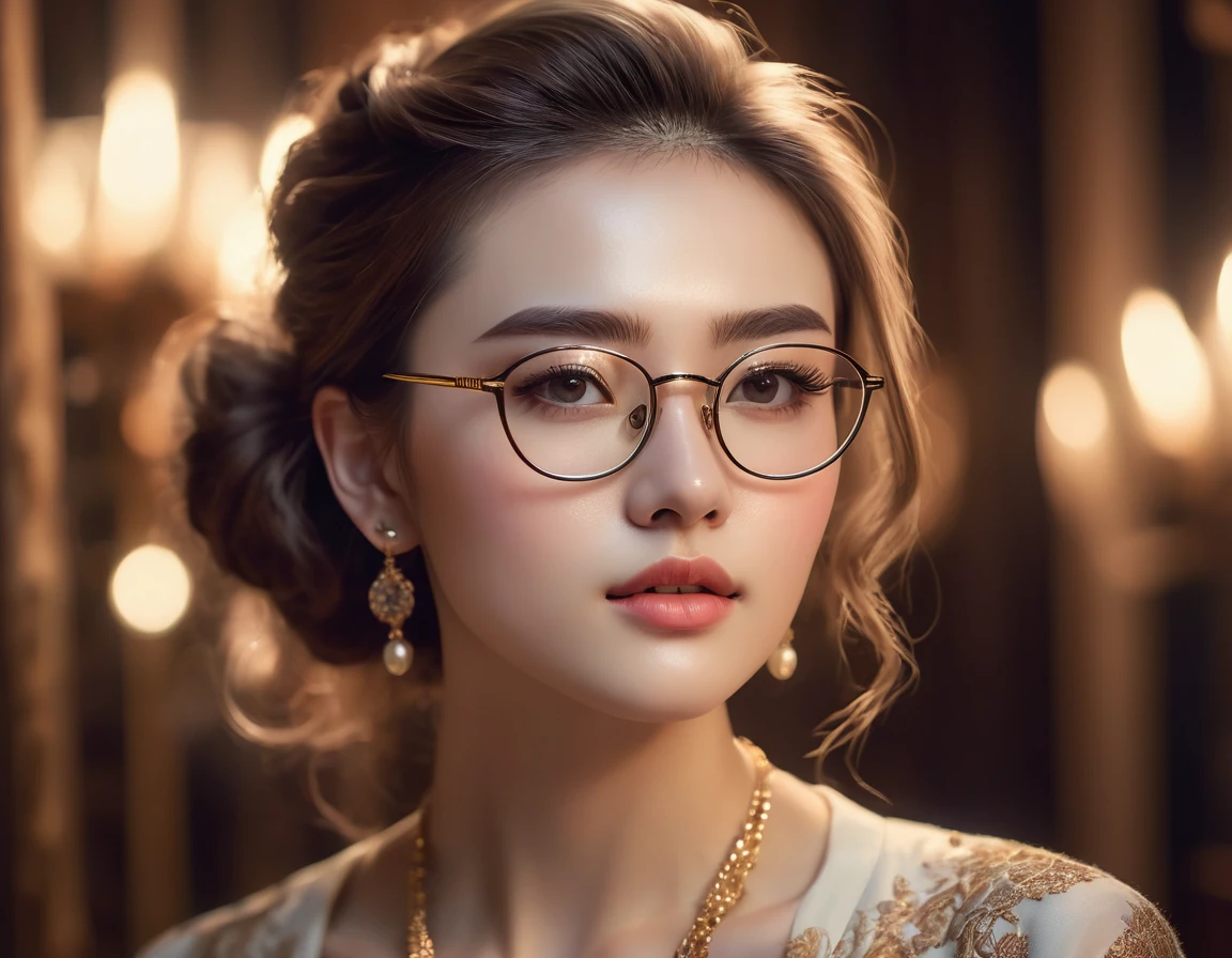 beautiful girl wearing glasses,detailed facial features,long eyelashes,porcelain skin,delicate facial expression,elegant hairstyle,intricate jewelry,detailed clothing,atmospheric lighting,dramatic lighting,cinematic composition,warm color palette,soft focus,digital painting,highly detailed,masterpiece,4k,photorealistic