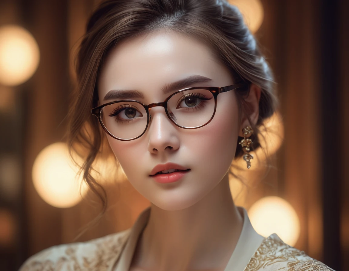 beautiful girl wearing glasses,detailed facial features,long eyelashes,porcelain skin,delicate facial expression,elegant hairstyle,intricate jewelry,detailed clothing,atmospheric lighting,dramatic lighting,cinematic composition,warm color palette,soft focus,digital painting,highly detailed,masterpiece,4k,photorealistic