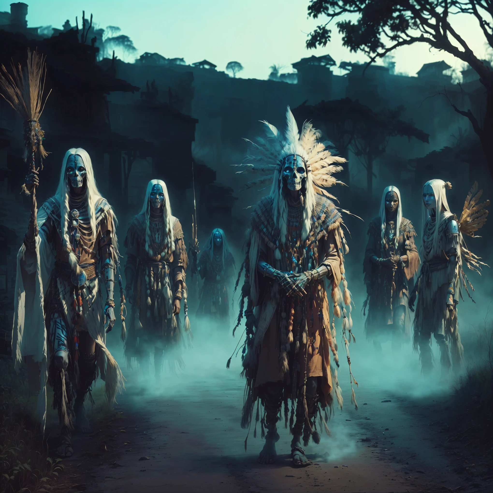 arafed group of people dressed in costumes walking down a road, ancient tribe, heilung, witch - doctor, anthropological photography, : native american shamen fantasy, cinematic photograph concept art, symmetrical epic fantasy art, rick baker style, spiritual eerie creepy picture, mutants roaming in the evening, african cyberpunk wizards, with a skeleton army