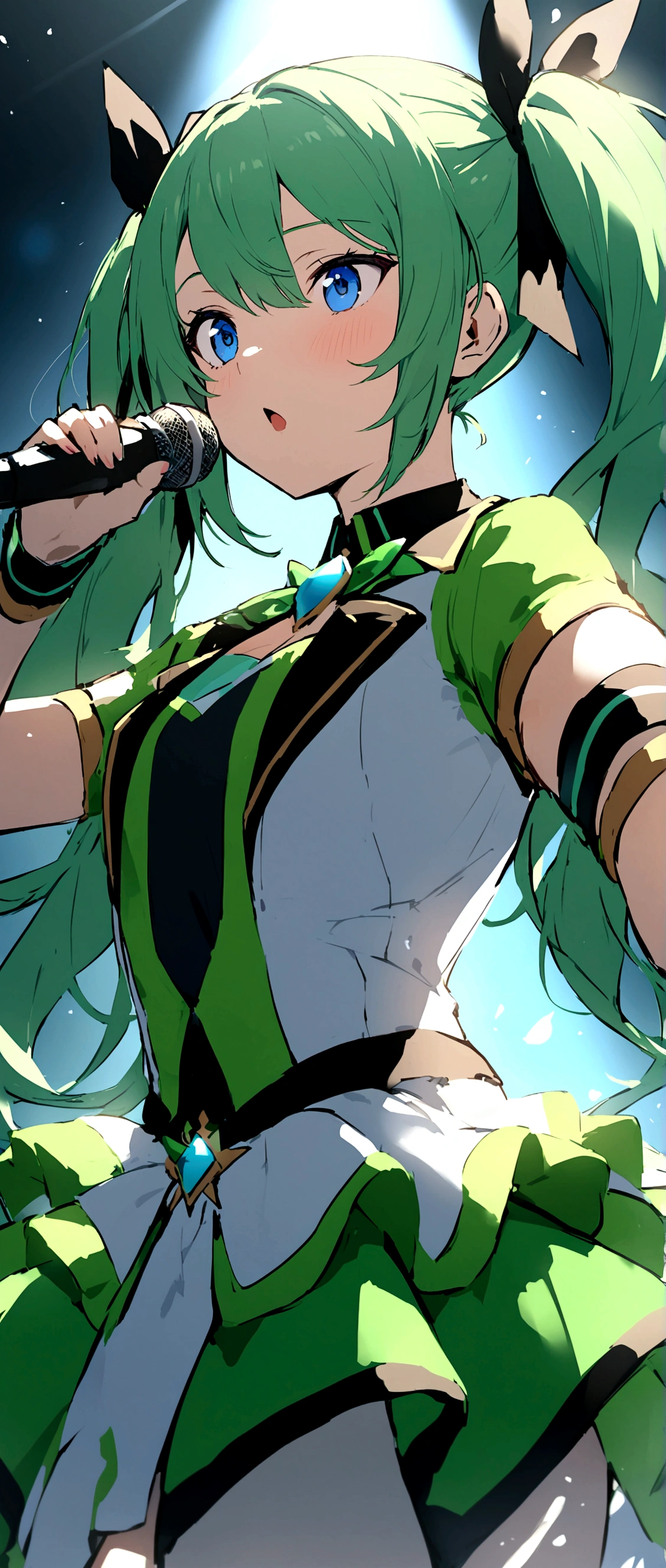 Green Hair、Twin tails、Black Ribbon、Blue eyes、green idol costume、Live Performance Venues、Girl