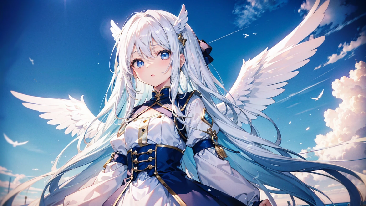 A pretty and cute girl with long white hair and blue eyes、15 years old、Angel wings on the back、Mouth wide open、I&#39;m surprised and my eyes are wide open、comical、Bright expression、Pure white dress