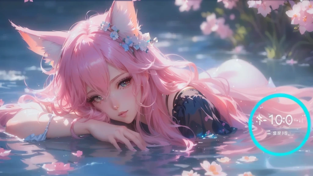 Close-up：A person lying in the water，The hair is pink, Gu Weiss, artwork in the style of Gu Weiss, Beautiful fantasy anime, Gu Weiss masterpiece, Beautiful anime, Popular on cgstation, Beautiful anime catgirl, Anime style. 8K, Beautiful anime scene, Gu Weiss on artstation pixiv, Fantasy style anime