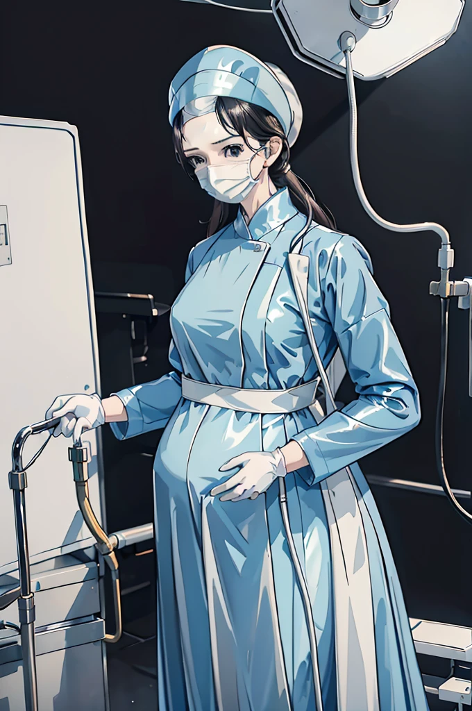 Score_9, Score_8_up, Score_7_up, source_anime, pale skin, surgical mask, surgical cap, long sleeve surgical gown,
1 girl, pregnant, solo, rubber gloves, looking down, frowning, operating bed, in the operating room, standing,