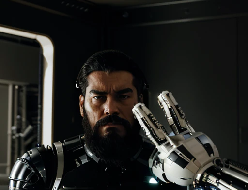 The general enters his room looking at (((his black bionic right hand))) . The general orders an immediate exploration of the planet, he has a large, thick white beard he has a general'with hat on head, wears a modern uniform, hand gestures for spectators, he is chubby and chubby, extremely thick thighs, Large belly, plumpness, 65 years old, he holds a mug of hot coffee , enviroment: inside a ship. Full body photography Full body photography different angles of the image. He is looking at a huge tube with liquid and a humanoid alien creature, The general orders an immediate exploration of the planet ele tem uma grande e volumosa barba branca ele tem um general'with hat on head, wears a modern uniform, gestures with hands to spectators, full body photography full body image dynamic photography.