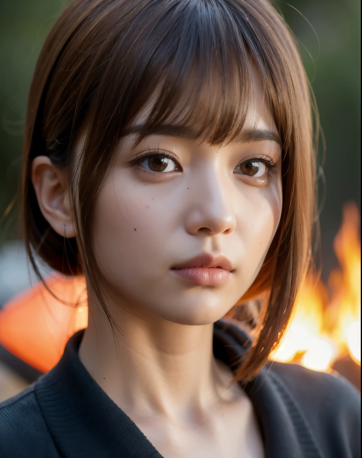 Yayoi in front of the campfire_mix profile Close-up of eyes Skin texture is realistic
