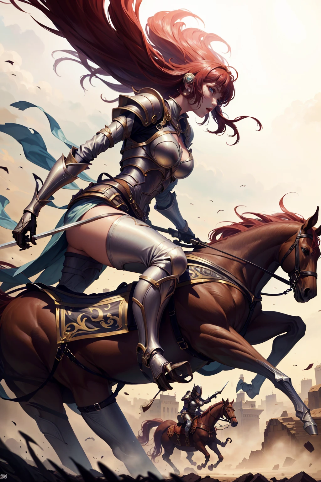 sexy swordsman knight woman riding on a horse on the battlefield