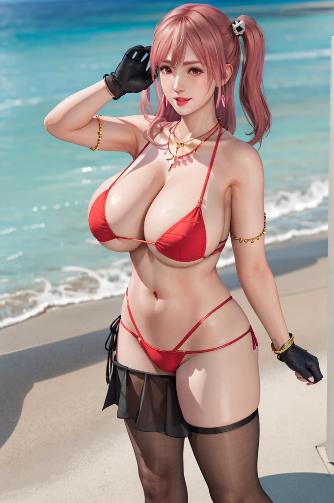 Honoka, bikini pleated skirt, one glove, university student,Pink Hair,Huge breasts,Cleavage,Low-cut,miniskirt,pantyhose,cute,Red lips,necklace,earrings,beach,Sea