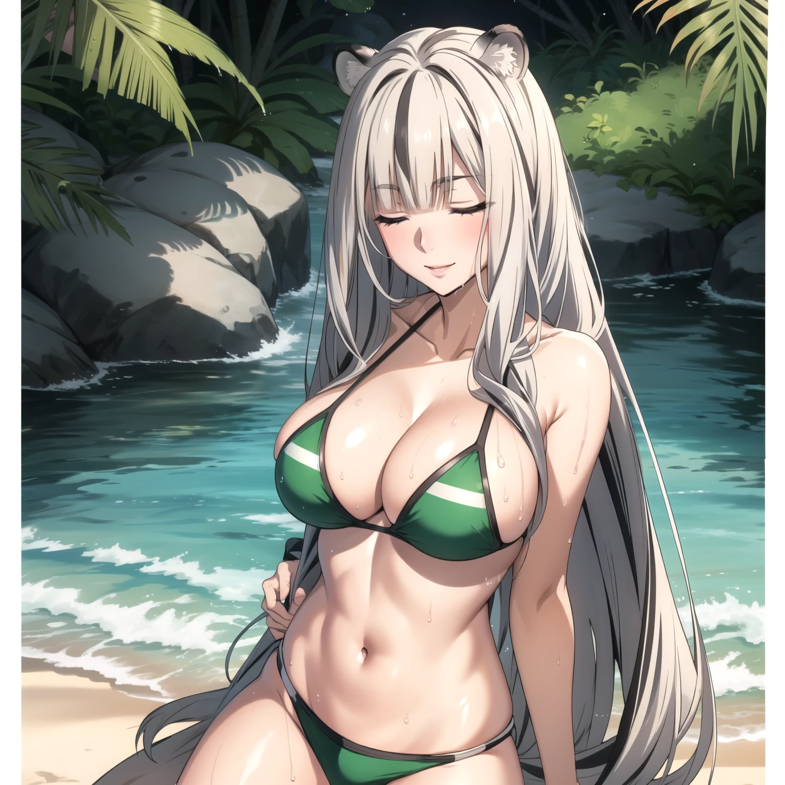 Atlas Fayon woman 40 years, white hair with black stripes ,white tiger ears, closed eyes, mujer ciega con closed eyes, detailed green bikini, flirtatious smile ,  background a tropical beach, WET BODY. big breasts. mature face.