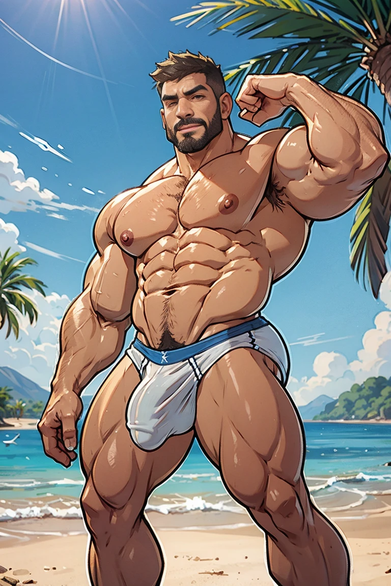 Asian man exaggeratedly muscular, detailed eyes, prominent and dilated veins, alpha male, oily skin, huge pecs (huge: 2.5), sensual expression, nicebulge, sexy pose flexing biceps, huge ass, sexy expression, full body, wearing white thong (small and tight), on a sunny beach(palm trees, blue sky).