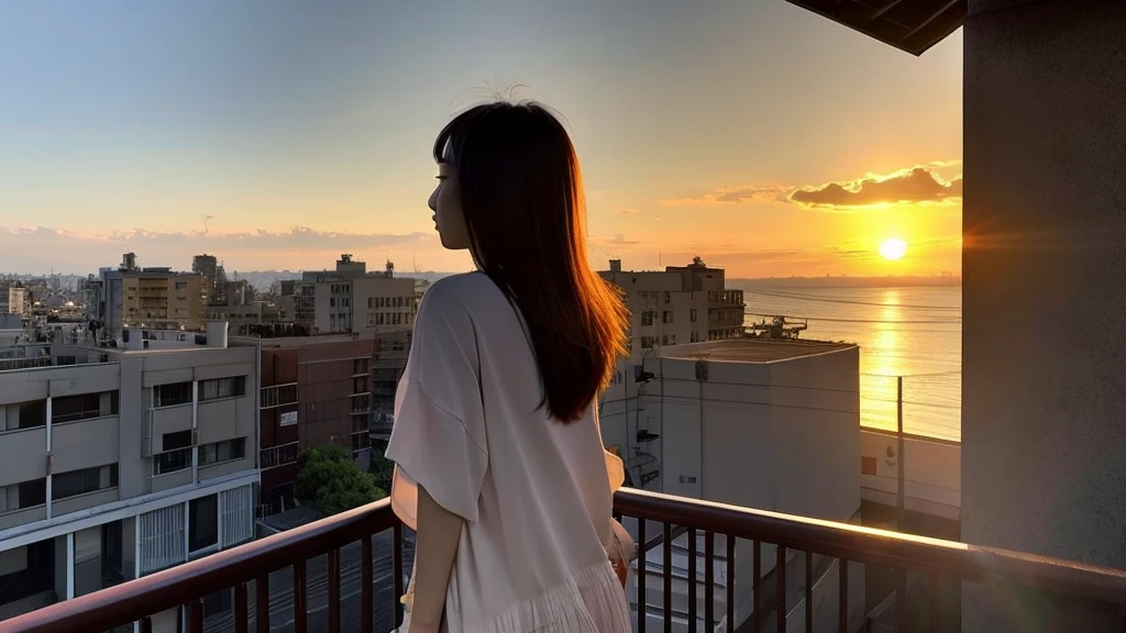 A 19-year-old Japanese woman is watching the sunset on the roof of a building. She is looking in the direction of the setting sun. She is leaning against the railing. Her back is turned to the front and her face is not visible. Her profile is also not visible. Her long hair is blowing in the wind.