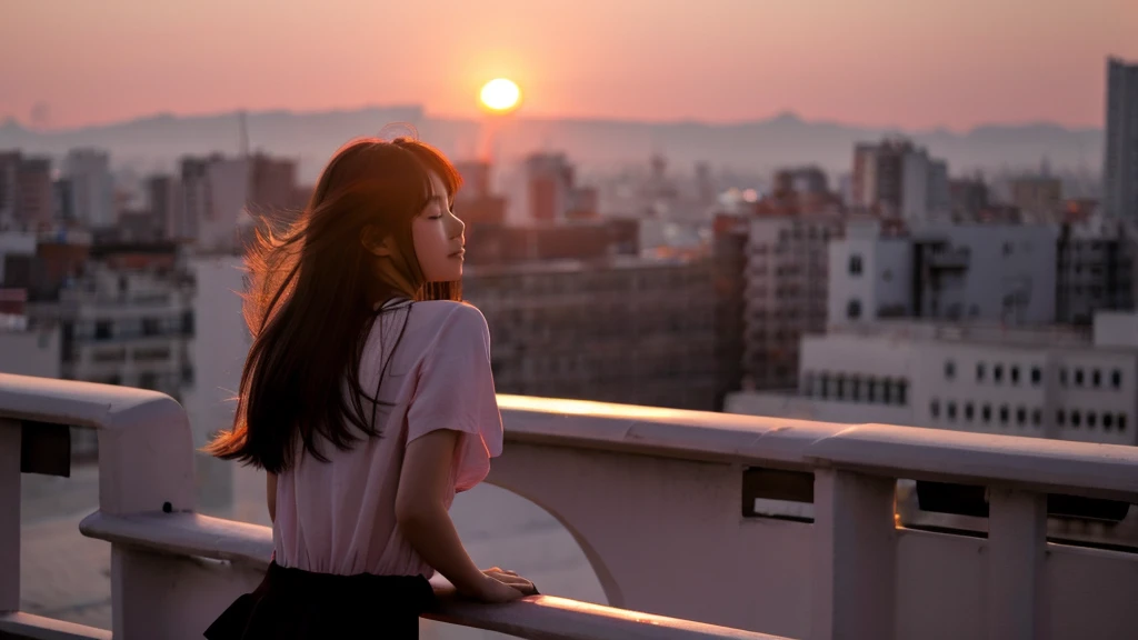 A 19-year-old Japanese woman is watching the sunset on the roof of a building. She is looking in the direction of the setting sun. She is leaning against the railing. Her back is turned to the front and her face is not visible. Her profile is also not visible. Her long hair is blowing in the wind.