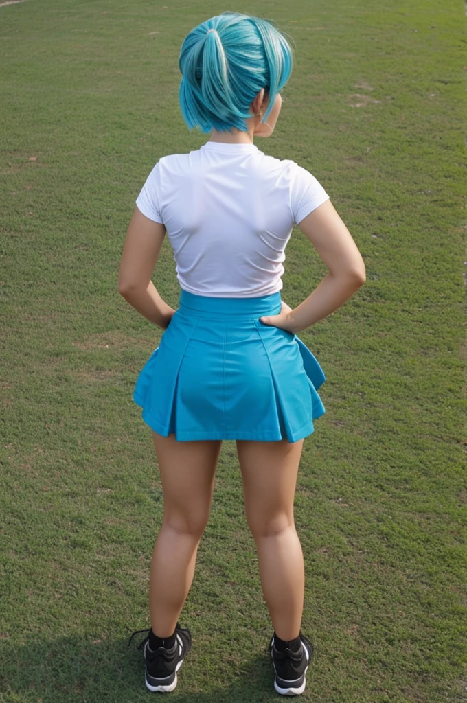 Create Bulma in a skirt with her back crouched 