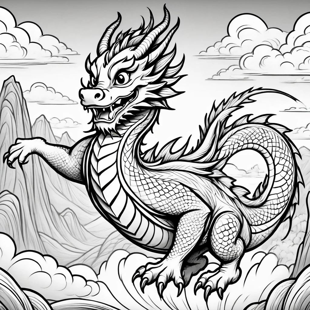 comic style, chinese dragon flying in the sky, coloring book page, chibi style, draco, cartoon, kids coloring book, dance positions, entyre body, chinese dragon, entyre body, dragon body drawing, standing, opens your arms