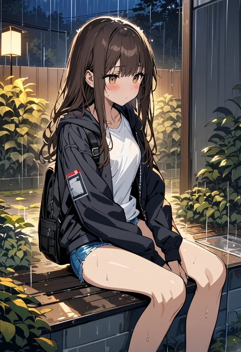 ((masterpiece,Highest quality;1.3,best illustration)),cowboy shot,1woman、25 year old beauty、独奏,((very small head:1.5)),dark brown hair,long hair,bangs,brown eyes,gorgeous eyes,blush,small breasts,((very long body:1.3)),((toned body,slender body,skinny)),gleaming skin,shiny skin,oily skin,(Soaked in the rain、Black zip-up hoodie outer jacket、White tight T-shirt、denim micro shorts)、White sneakers、Black rucksack、sitting,prefab、at night、garden,