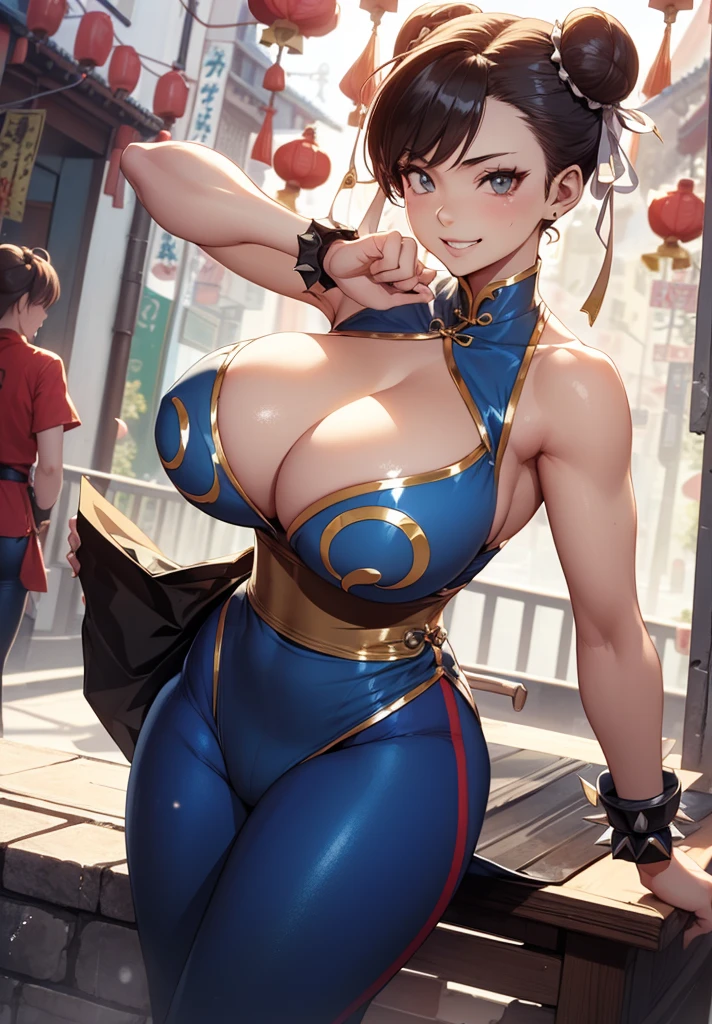 (((Cool beauties、shinny skin:1.5)))(masutepiece), (Best Quality), 8K resolution, Ultra-detailed, ultra-detailliert, Realistic, photograph, Photorealism, ((1woman)), chun li, Chun-Li costume, Perfect body, Smile, grin, lewd smile, laugh, Huge breasts, musculature, thick thighs, thick legs, wide hips, big breasts thin waist, ((Chinatown、in fighting、Doing a high kick))