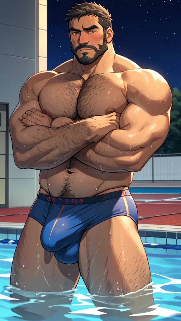 male, (mature japenese daddy swimming coach), (naked upper body), (wearing swimming underwear), erecton upward, handsome, muscular, hairy, (blush), (posture with arms crossed), (ashamed because of his erection up), middle aged man, homoerotic, Standing, realistic, night, hairy legs, wet body, sweaty, (The man look at his bulge)