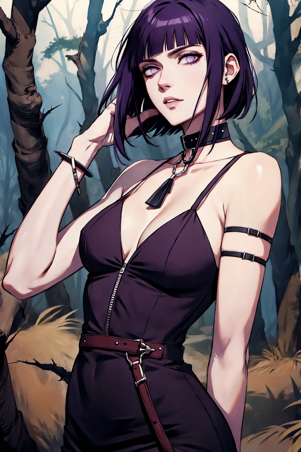 hyuuga hinata, cabelo roxo, pale skin, punk rock clothes, collar of thorns around the neck, thorn bracelets on wrists, in the middle of a forest