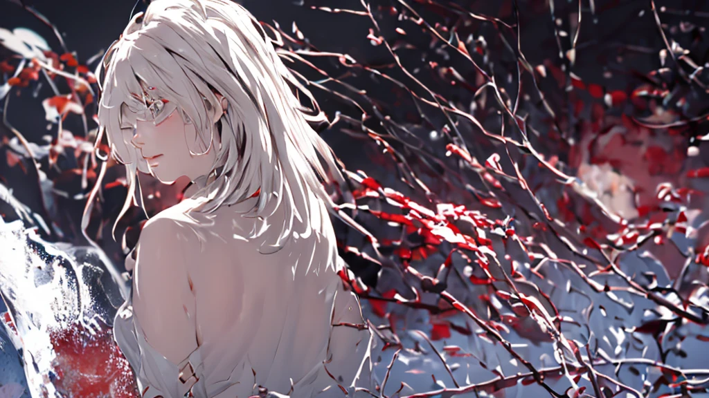 1 Girl, medium light white hair, light white eyes, wearing Red Suit 4D , night TOWN 18+, high res, ultrasharp, 8K, masterpiece, looking from behind