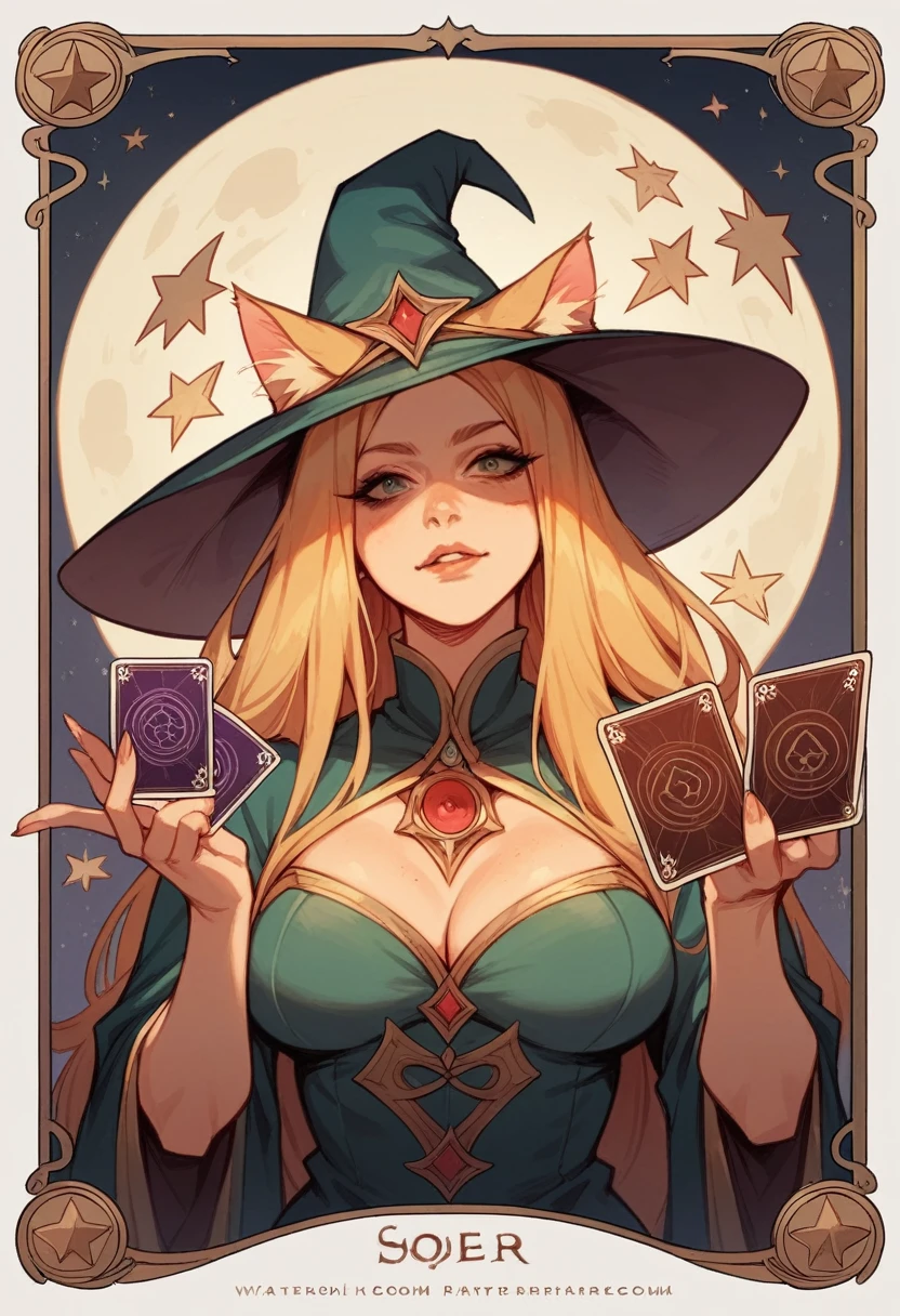Asian Brunette Cat Girl, Blonde with Long Hair, Witch, Sorceress, daughter of darkness, full of powers, strong and imposing, war scene illustration, centred image, a single image on a single card, with golden Bronze and Silver borders,