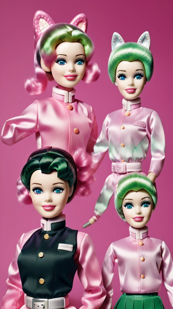 A school uniform with an open chest、Pink and green hair gradient、smile、Mole under both eyes、smile、Braid、Demon slayer、Barbie