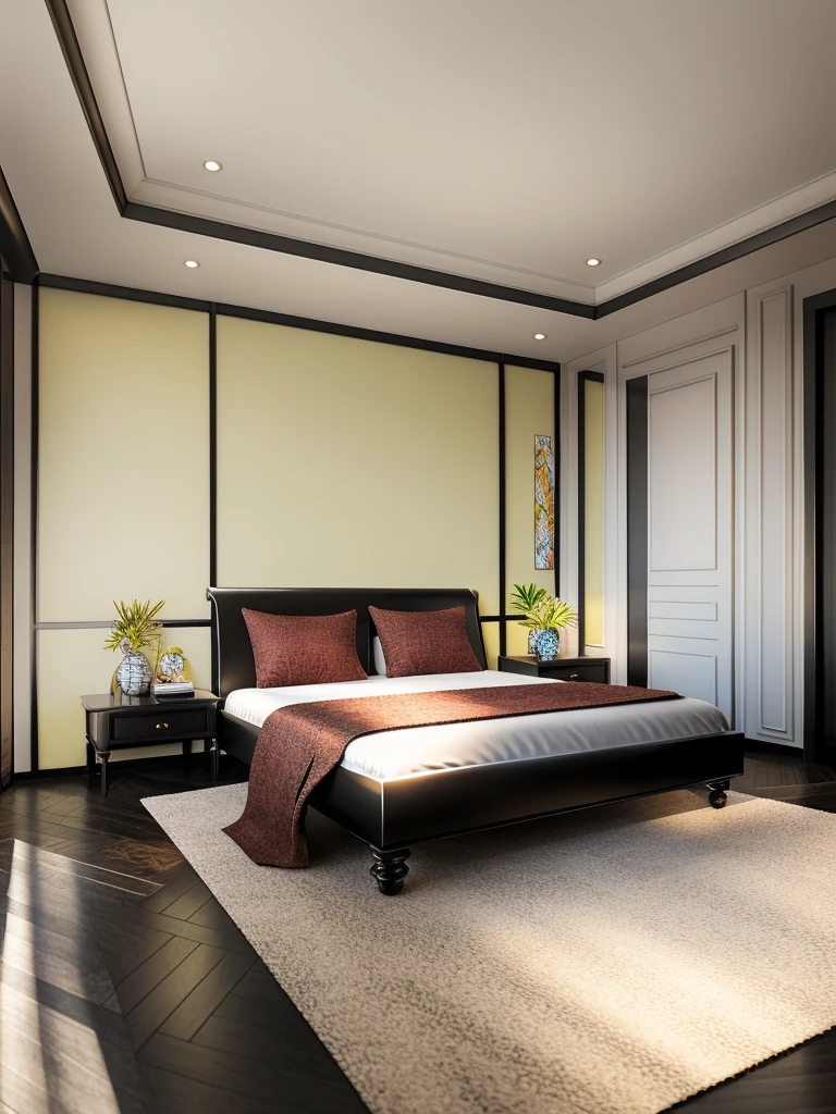 modern bedroom, (supper detail:1.2), brown luxury bed, combo tropical style poter on the wall, marble floor, 1 big abtract poster on the wall, warm light