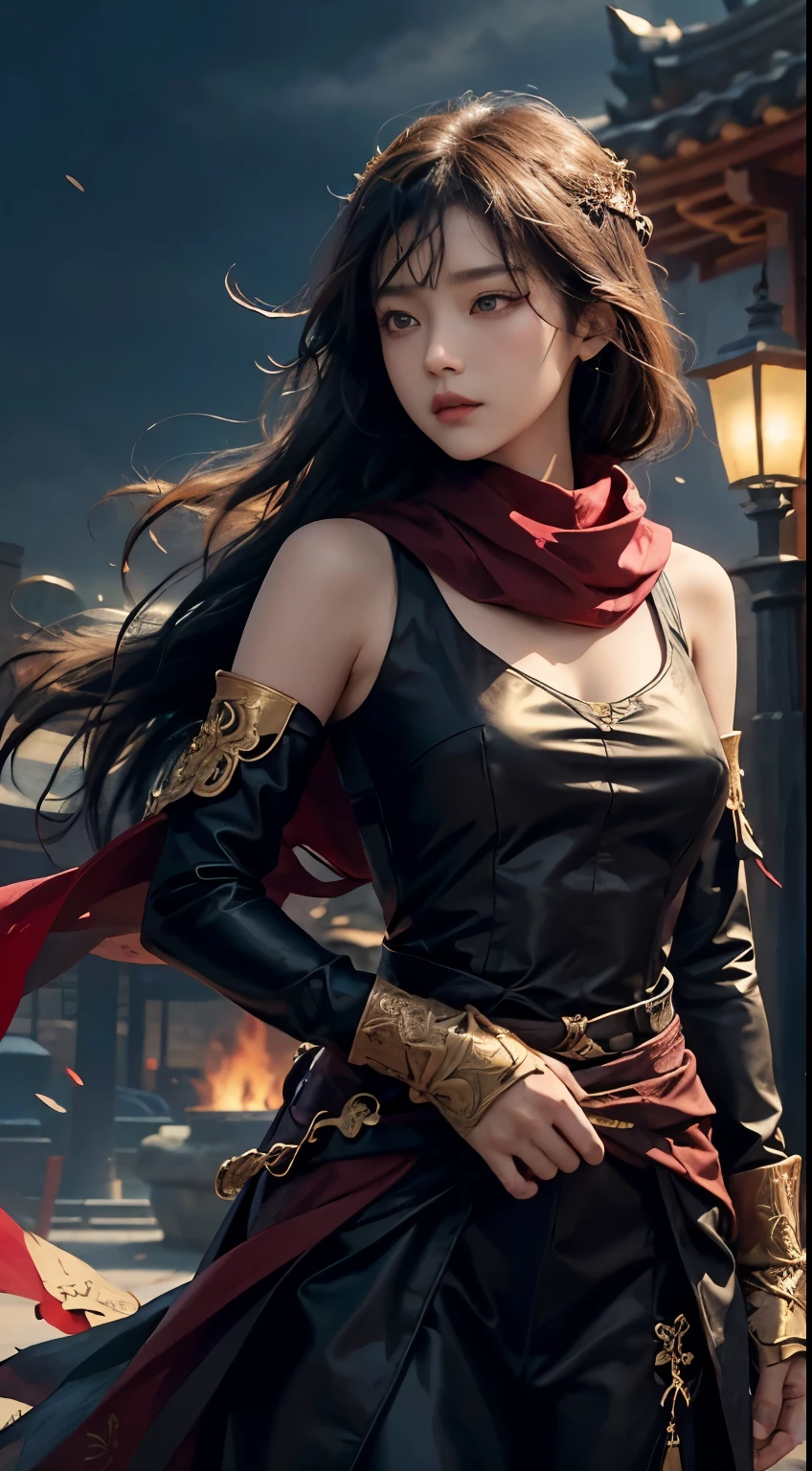 Realistic interpretation of Eunwol from MapleStory: A young adult Asian woman with long, flowing black hair and piercing violet eyes. She wears a sleek, form-fitting black bodysuit with dark red accents and intricate golden embroidery. Over this, she dons a stylish, asymmetrical black coat with a high collar and a long, flowing red scarf that whips dramatically in the wind. Her arms are adorned with ornate arm guards, and she wears fingerless gloves. At her waist hangs a beautifully crafted katana with a red and gold hilt. Her expression is intense and focused, conveying a sense of determination and mystery. The lighting is dramatic, with shadows accentuating her features and the details of her outfit. The background suggests a modern urban nightscape, hinting at her role as a skilled warrior in a contemporary setting. The overall atmosphere is one of elegance, power, and intrigue, blending traditional Asian aesthetics with a futuristic edge. 무기는 너클, 검은색 도복 , 혼령불 , 도깨비불 효과도 추가해줘