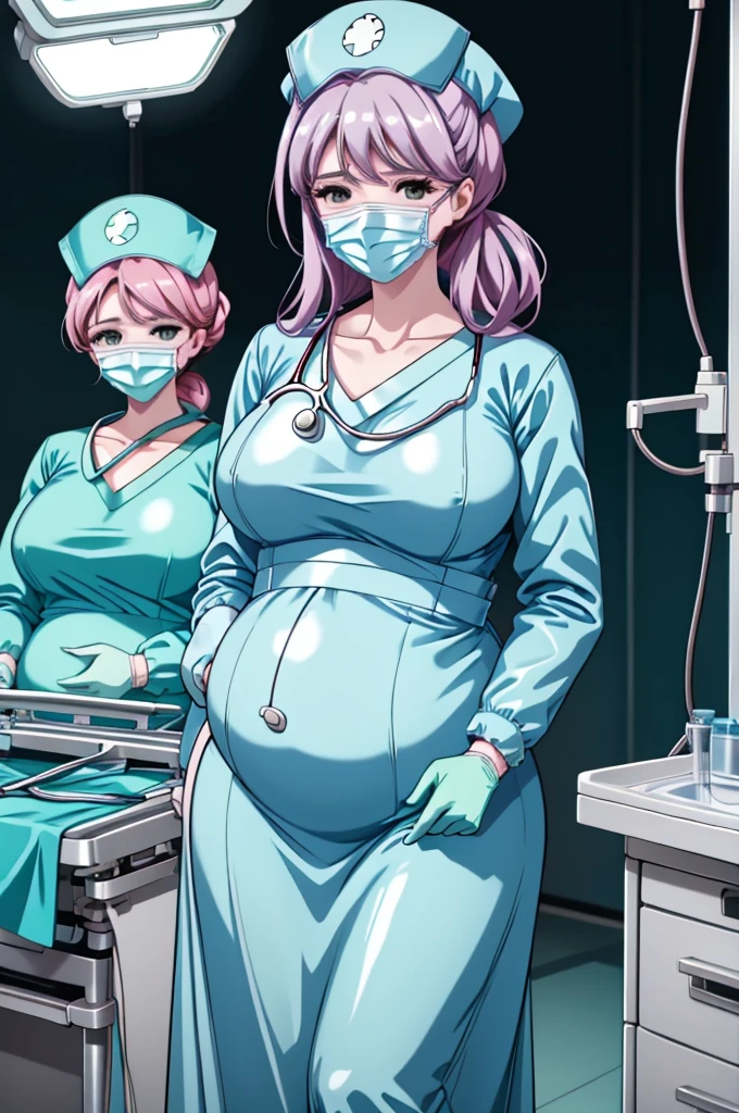 Score_9, Score_8_up, Score_7_up, source_anime, pale skin, surgical mask, surgical cap, long sleeve surgical gown,
1 girl, pregnant, solo, rubber gloves, looking down, frowning, operating bed, in the operating room, standing,