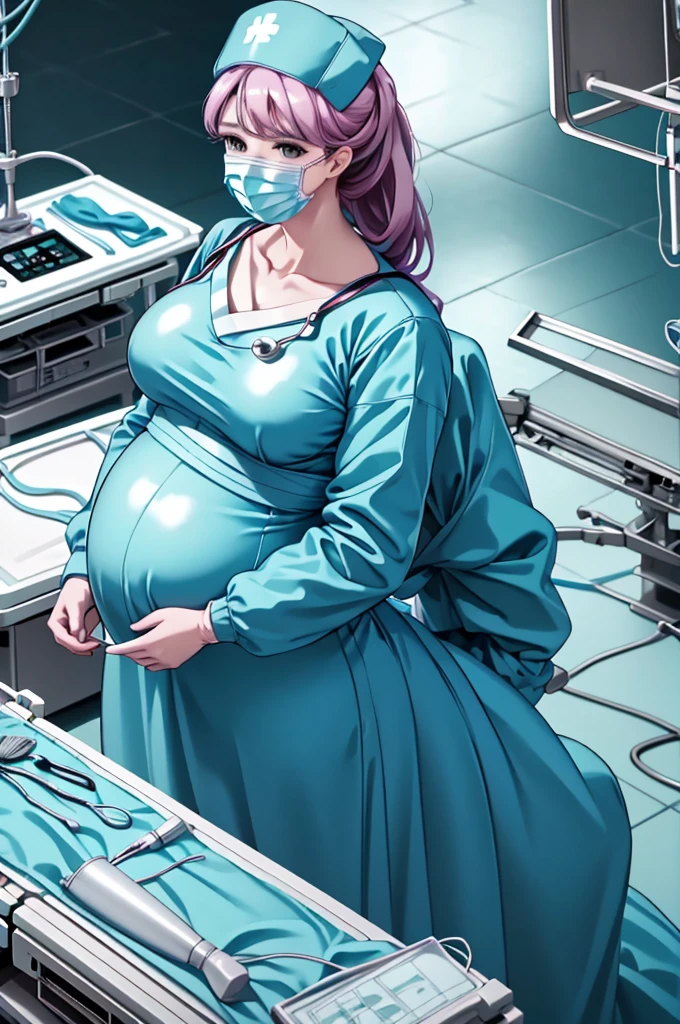 Score_9, Score_8_up, Score_7_up, source_anime, pale skin, surgical mask, surgical cap, long sleeve surgical gown,
1 girl, pregnant, solo, rubber gloves, looking down, frowning, operating bed, in the operating room, standing,