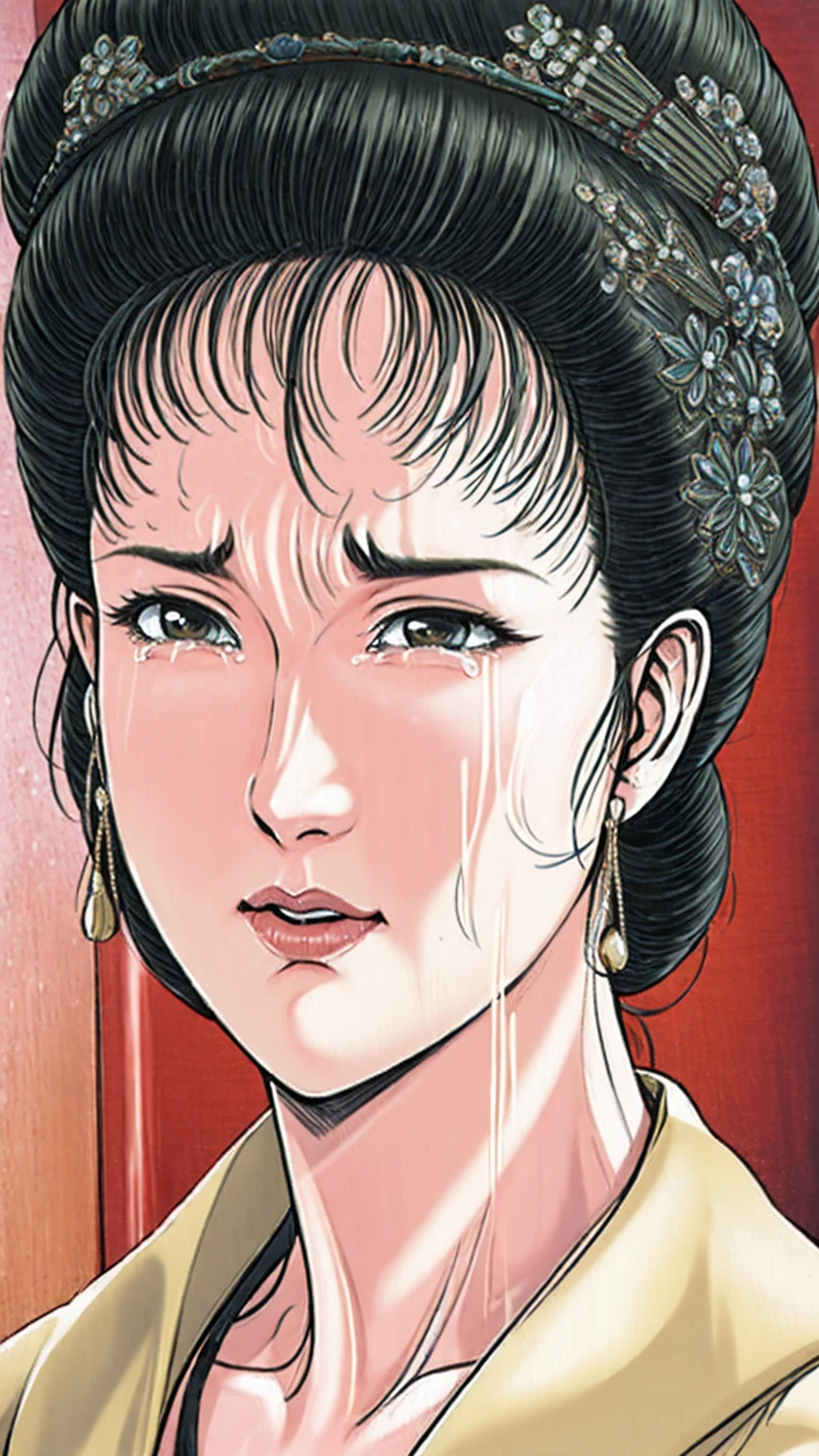 (best quality), (very aesthetic), (ultra-detailed), (best illustration),(a mature female),(perfect face),Suikoden,Mrs. Lin,(((NSFW))),((full_body)),((full_Nude)),(crying),red cheek,sweating,skinny,flushed skin,(Woman with pubic hair),(standing),(ahegao),traditional Chinese bedroom,front view