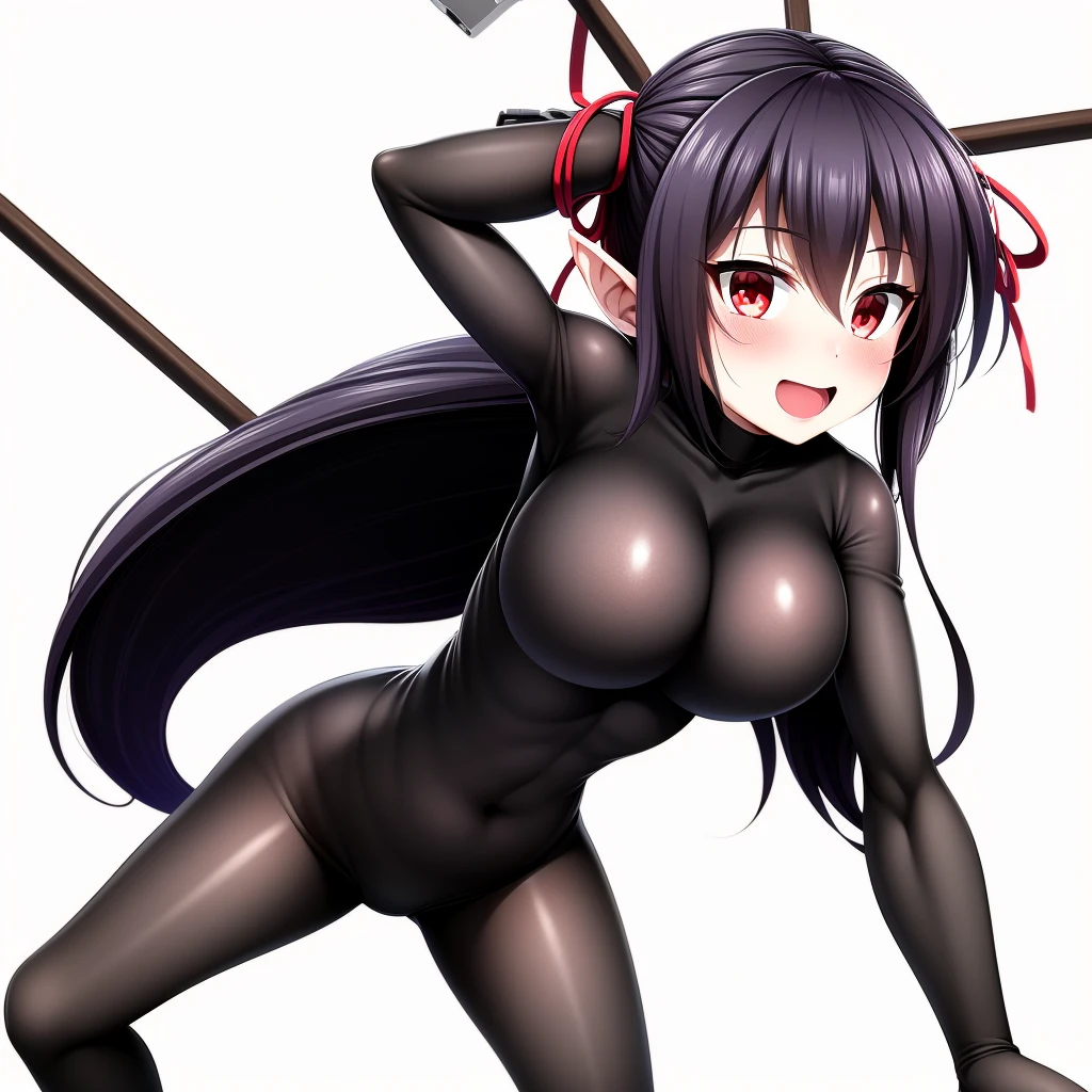 Ninja woman and mask and black hood and black shirt and black pants and black shoes and black hair and red eyes and cute and all black clothes and gloves and at school alone and she had her arms behind her back and she was at school and she Elf was very cute
