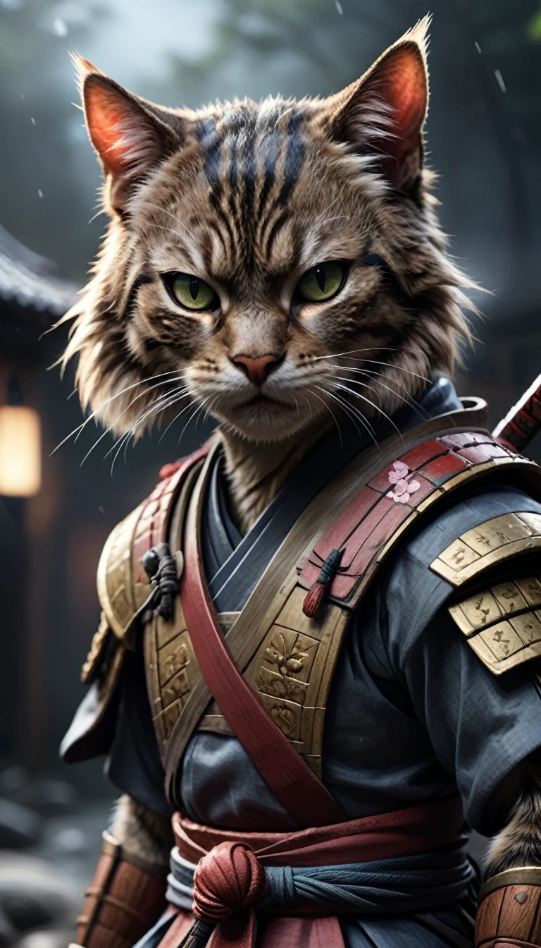 (Close-up Cinematic),Samurai Cat, battlefield, 2D, colorful, Dark atmosphere