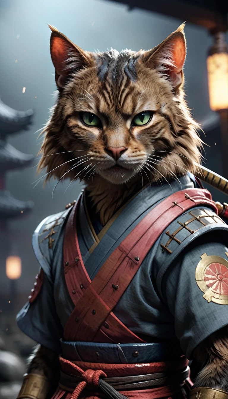 (Close-up Cinematic),Samurai Cat, battlefield, 2D, colorful, Dark atmosphere