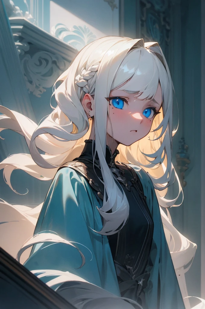 (masterpiece, best quality) detailed, 1Character , blue archive art style , Blonde hair, long hair, wavy, pale blonde, platinum hair, mole under eye, blue eyes, cinematic lighting, chiaroscuro, masterpiece, high details, super detail, nordic, stoic and somber expression, beautiful girl, pure girl, 
 , pastel washed out colors , cell shade ,