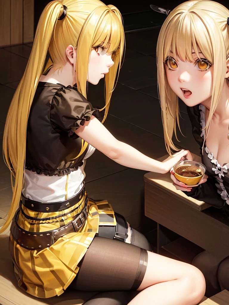 misa amane, twintails, (brown eyes:1.5), (yellow hair:1.5), sidelocks, long hair,
misa amane, twintails, (red eyes:1.3), blonde hair, sidelocks, long hair,
skirt, pantyhose, sleeveless, belt, cross, frilled skirt, gothic,in cafe,sitting sofa