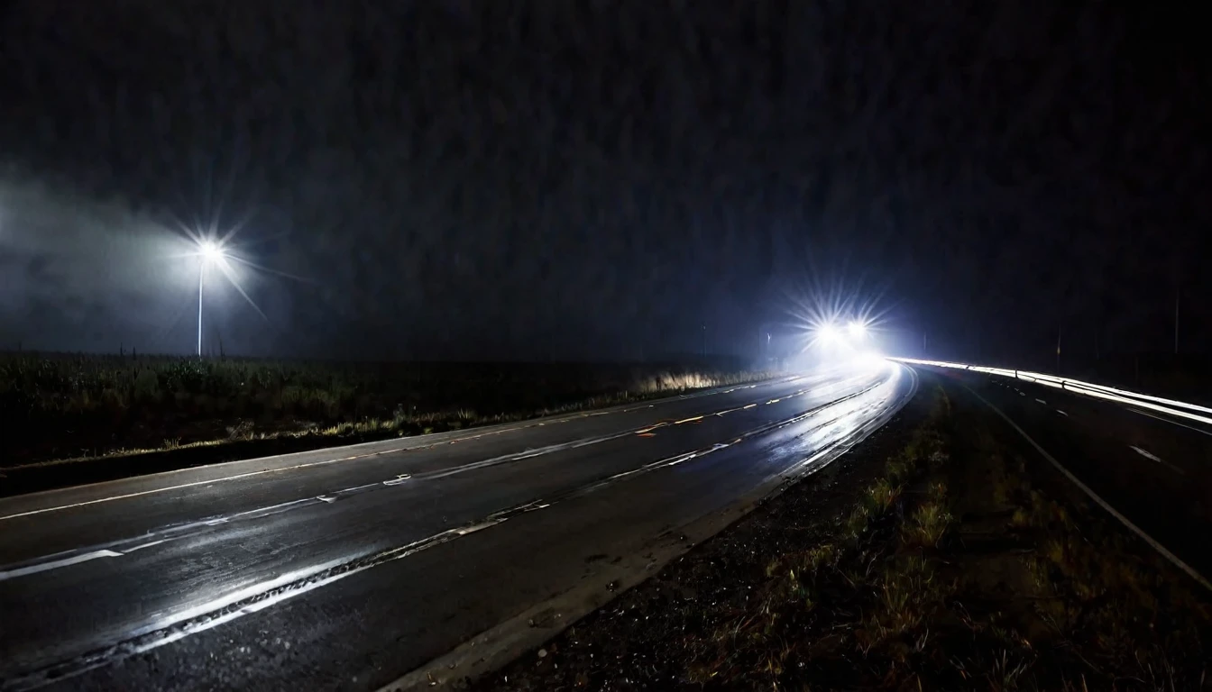 car headlights, highway, poor lighting, dark environment, sinister
