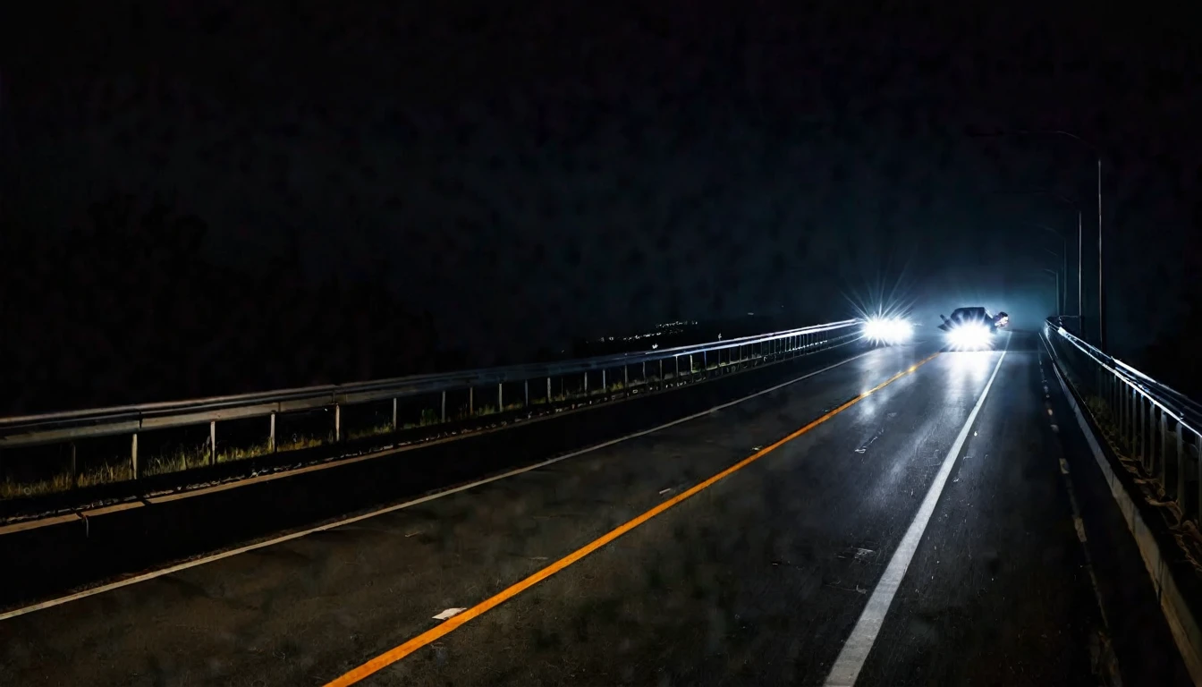 car headlights, highway, poor lighting, dark environment, sinister