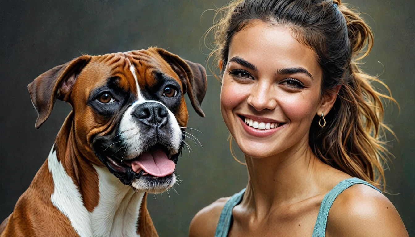 half body,
a woman smile with her best friend her Boxer,
dark complex background, style by Thomas Kinkade+David A. Hardy+Carne Griffiths+Mandy Disher half vivid colors fine art, best quality, high detailed, detailed faces, 2d,