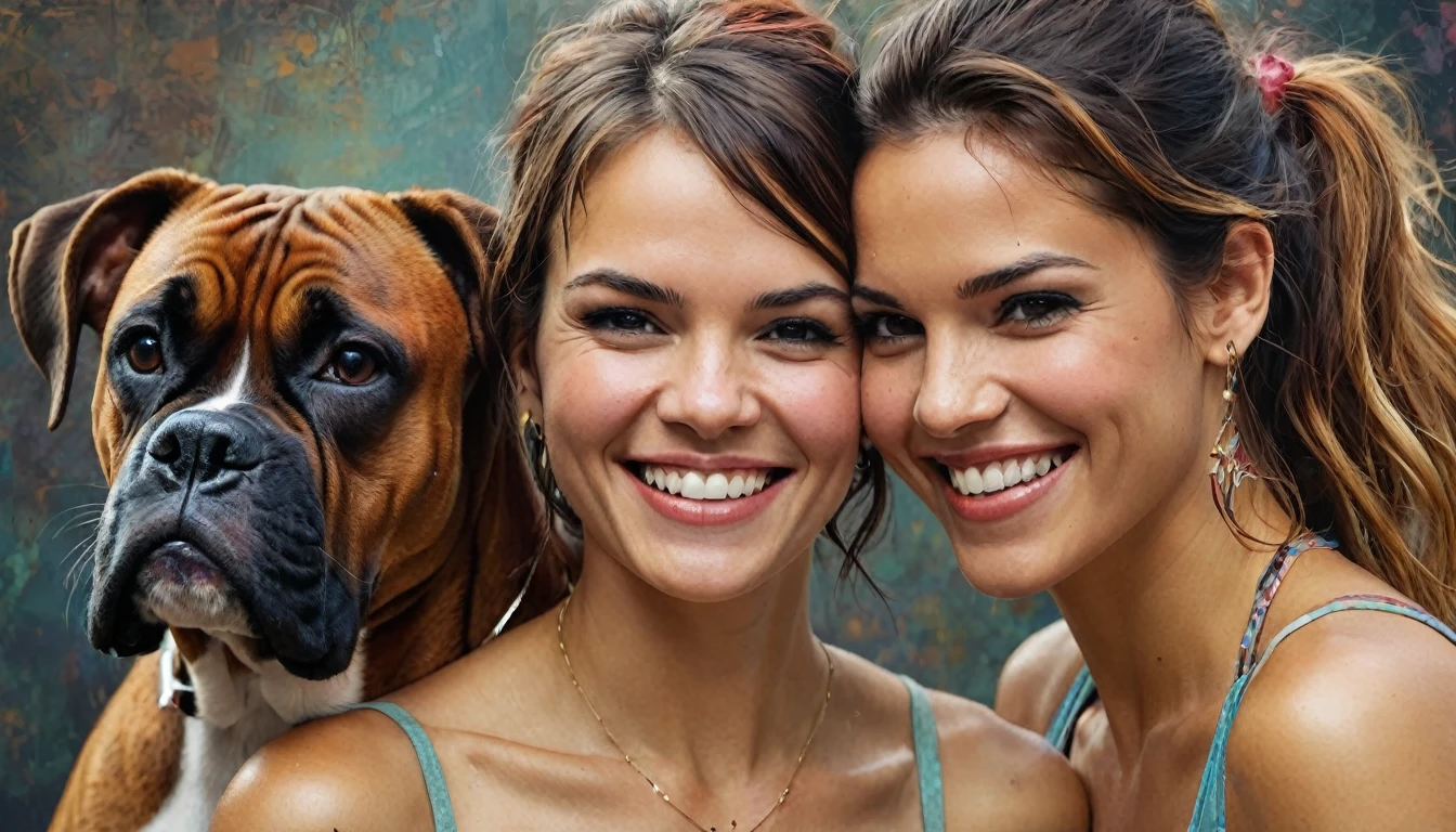 half body,
a woman smile with her best friend her Boxer,
dark complex background, style by Thomas Kinkade+David A. Hardy+Carne Griffiths+Mandy Disher half vivid colors fine art, best quality, high detailed, detailed faces, 2d,