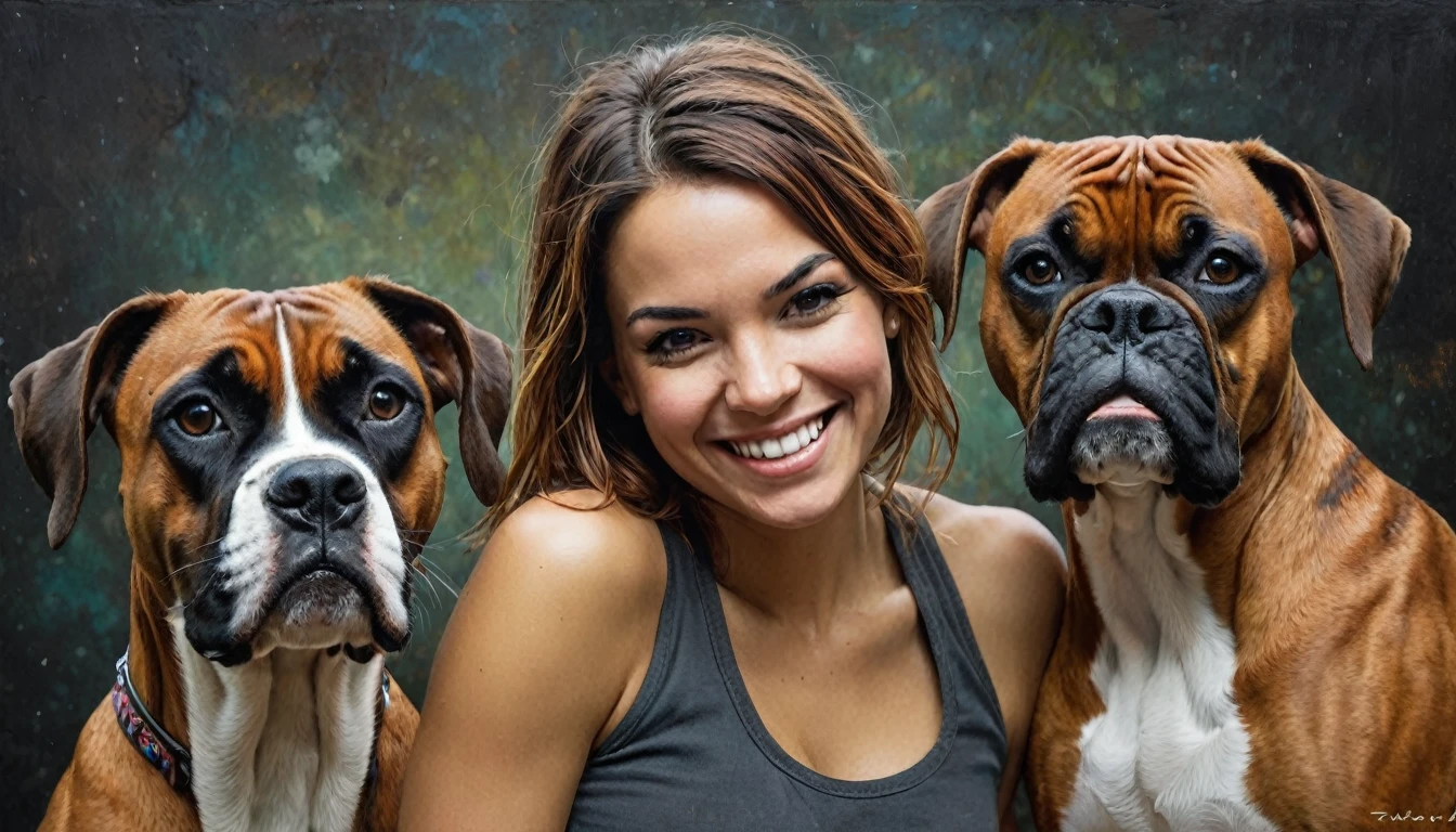 half body,
a woman smile with her best friend her Boxer,
dark complex background, style by Thomas Kinkade+David A. Hardy+Carne Griffiths+Mandy Disher half vivid colors fine art, best quality, high detailed, detailed faces, 2d,