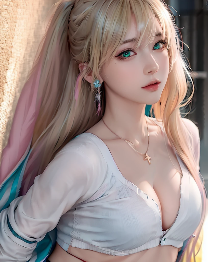 a girl in a city alley, detailed portrait, photorealistic, long flowing blonde hair with pink highlights covering one eye, sharp green eyes, earrings, necklace, neon crop top with open jacket, mini skirt, perfect symmetrical body, looking back at viewer, full body shot, back angle, (best quality,4k,8k,highres,masterpiece:1.2),ultra-detailed,(realistic,photorealistic,photo-realistic:1.37),HDR,UHM,vivid colors,physically-based rendering, dramatic lighting, portrait