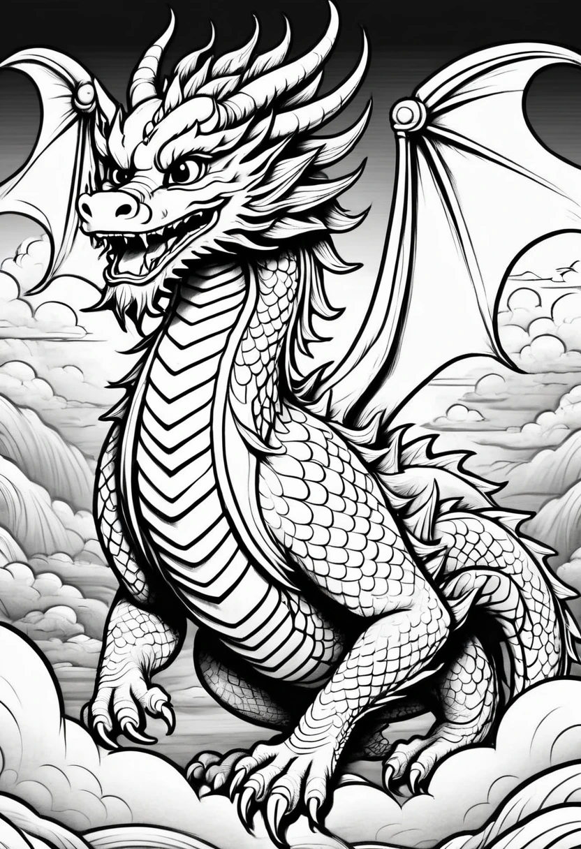 comic style, chinese dragon flying in the sky, coloring book page, chibi style, draco, cartoon, kids coloring book, dance positions, entyre body, chinese dragon, entyre body, dragon body drawing, standing, opens your arms