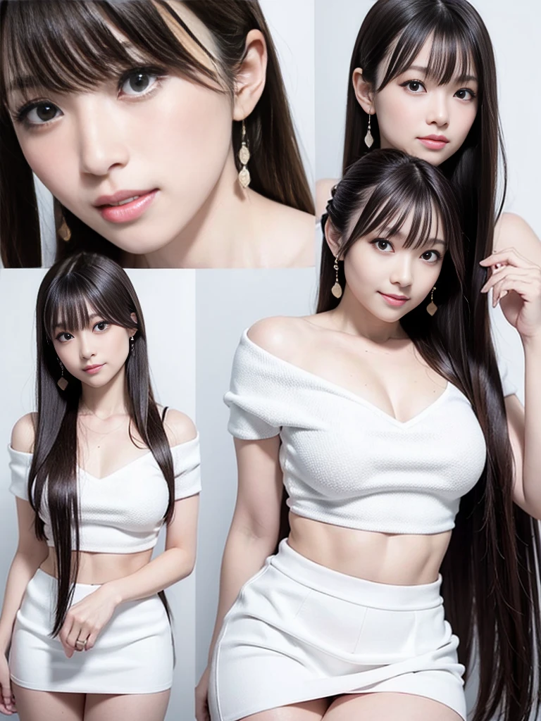 One woman、Highest quality、Natural Lip、Fair skin、Great light、Beautiful lighting、((Straight hair))、((Ponytail 1.5))、((Black Hair))、Blunt bangs、Off the shoulder、Large Breasts、Large Breastsの谷間、(((White Crop Top、Miniskirt 1.5、)))、、smile、かわいいsmile、White background、