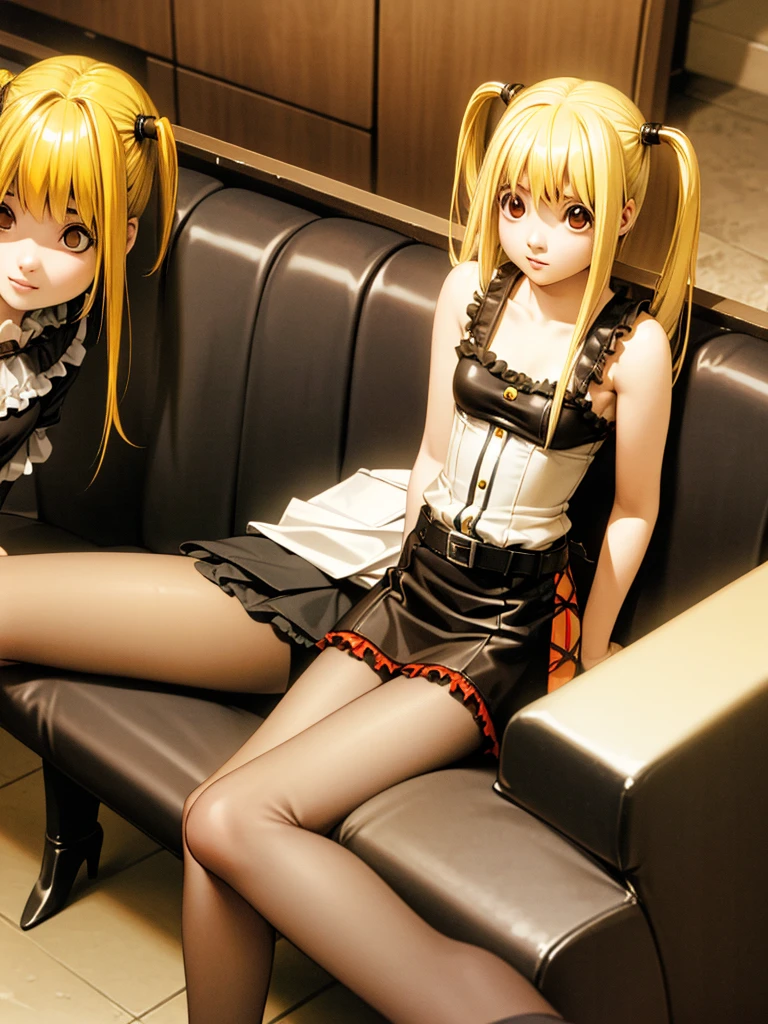 misa amane, twintails, (brown eyes:1.5), (yellow hair:1.5), sidelocks, long hair, misa amane, twintails, (red eyes:1.3), blonde hair, sidelocks, long hair, skirt, pantyhose, sleeveless, belt, cross, frilled skirt, gothic,in cafe,sitting sofa
