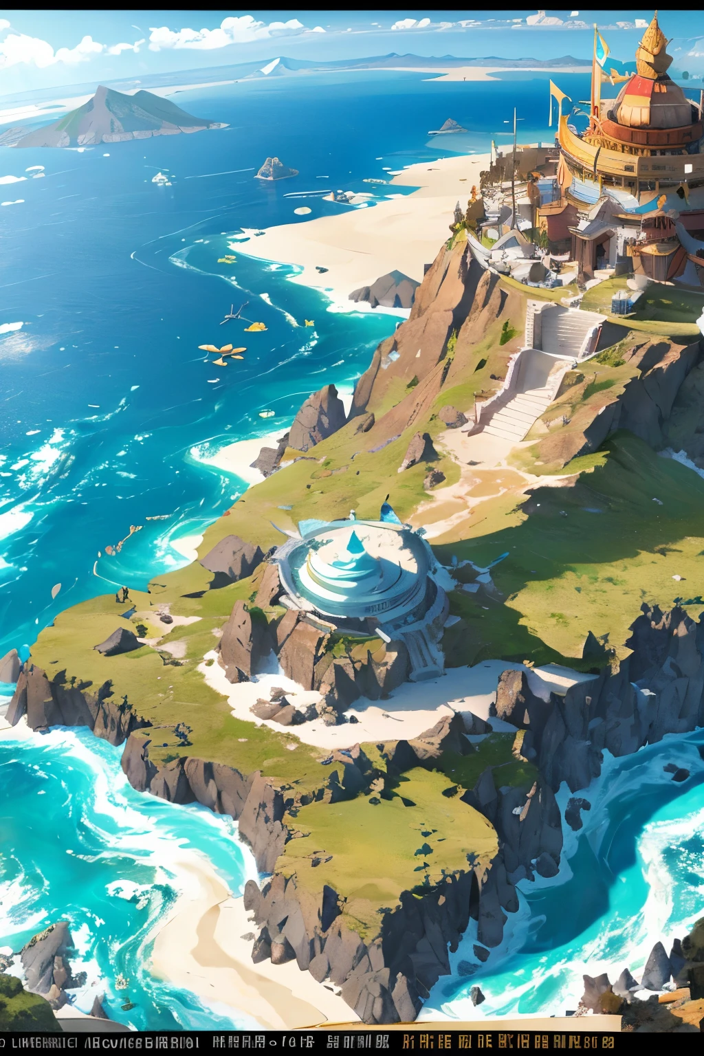 an island surrounded by an ocean with icy mountains to the north with a dormant volcano and gold mine, lush forest at the middle, grasslands to the south, desert at the west, villages at the east, beach all around