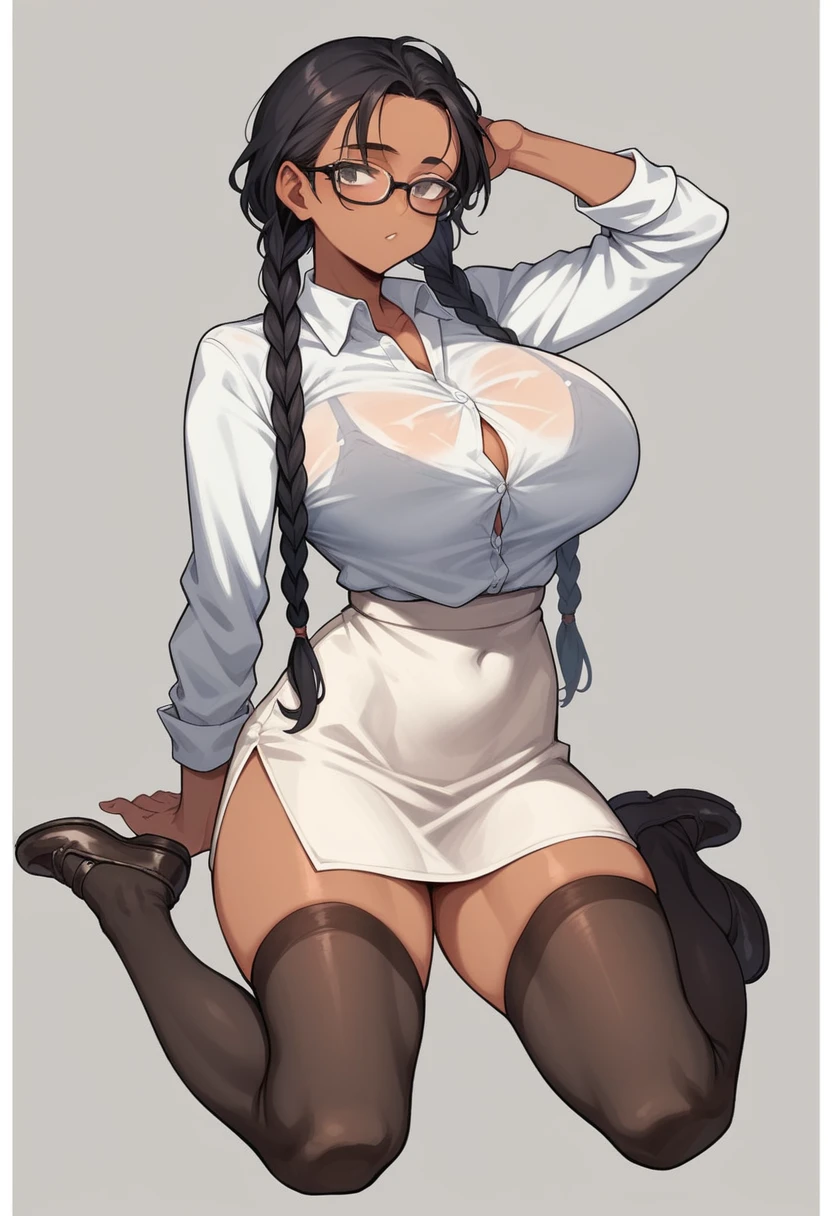 a woman, tanned skin, black hair, a hairstyle with two long braids that fall over her shoulders, with straight bangs that cover his forehead. He wears black glasses with rectangular frames and has a horny expression on his face...., black hair, big and somewhat flirtatious eyes, small nose, huge breasts, Skinny body, small waist, whole body, fitted white dress shirt, a mini skirt, long black stockings, women shoes, a nerd, alone, Transparent clothing, in an empty classroom, very horny, sexy, posing sexually