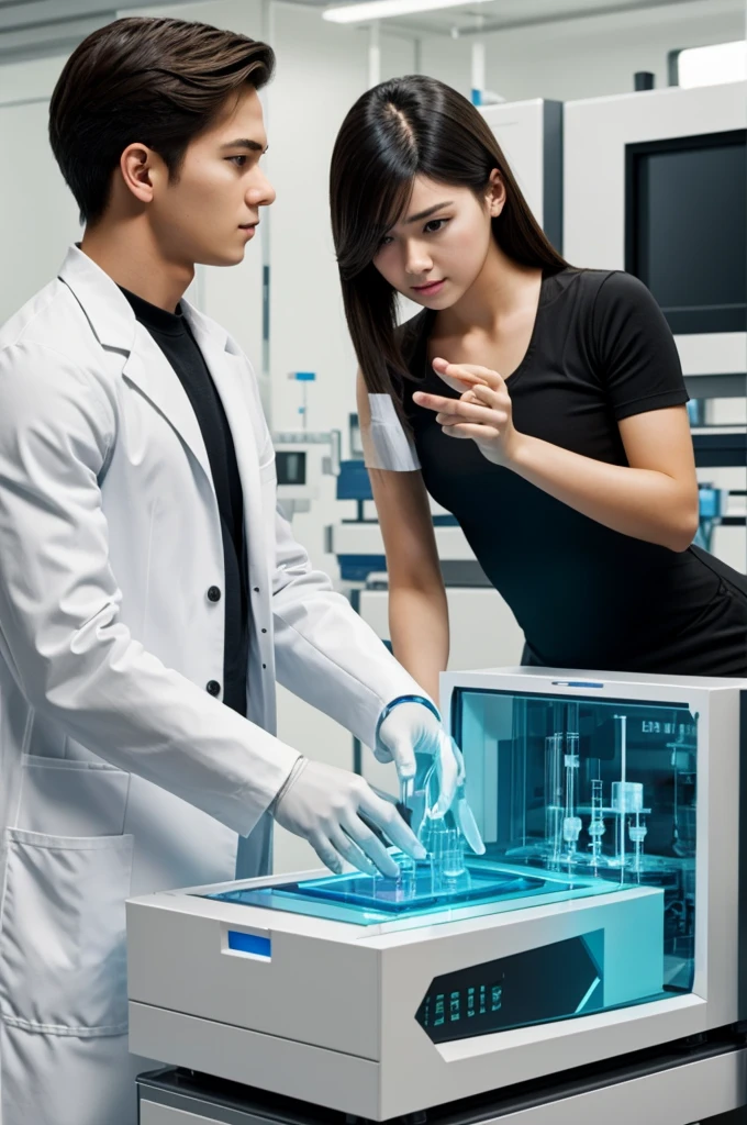 Laboratory, machine for turning people into androids, girl and guy turn into androids